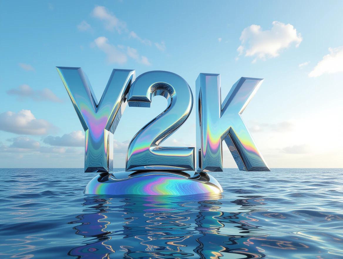 Liquid metal sculpture with holographic texture appears in ocean. Y2K is prominently displayed in bold metallic letters. Surrounding water is calm and reflective. Bright sky with fluffy clouds creates a serene atmosphere.