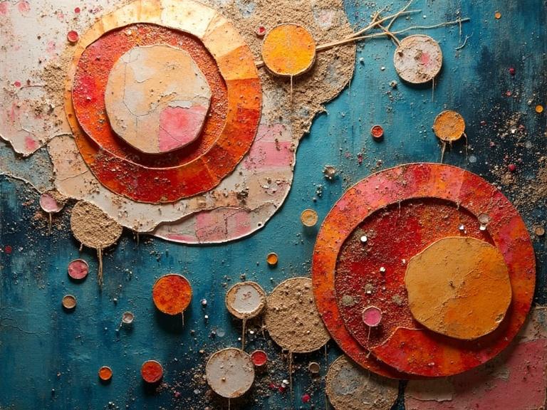 Masterpiece 3D multi-layered abstract forms using mixed media. Oil painting featuring vibrant colors and textured elements. Incorporates materials like newspaper, jute fibers, sand, and origami. Evocative with a stunning composition and high resolution. Depicts depth and surface feel.