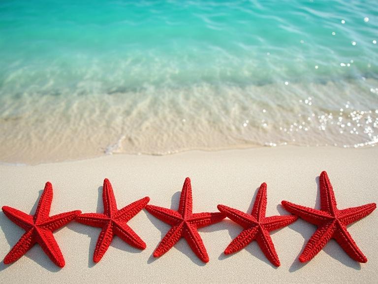 Texture featuring red starfishes arranged in a line on sand with a turquoise sea water background