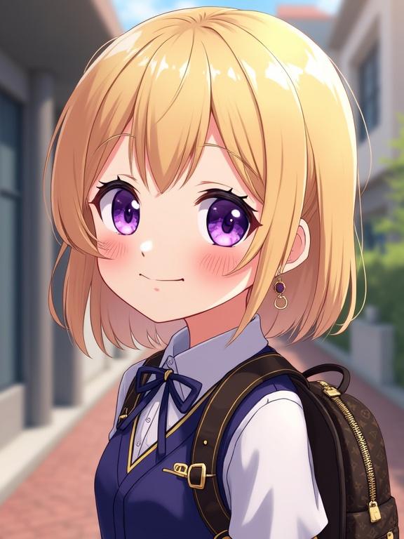 Anime character of a little girl walking to class in a futuristic school. She has amethyst purple eyes and a beautiful face. The character wears a unique school uniform and carries a Louis Vuitton backpack. The setting is a hallway of Aquamarie Setsuka Kamakiri Academy during the summer. The scene is bright with morning light, showing the girl's extroverted grin and light blonde blunt bob hairstyle.