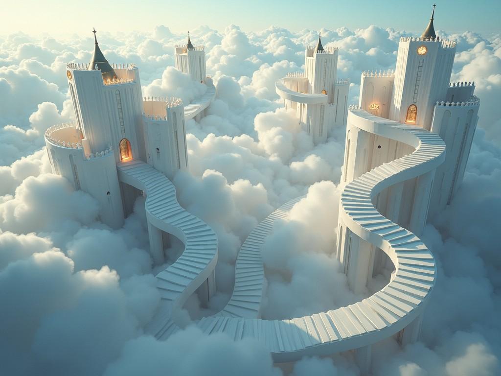 fantasy castle in the sky with winding staircases and fluffy clouds