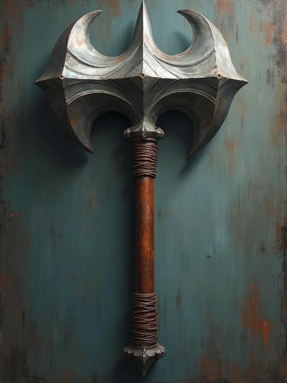 Stylized image of a mace with a sturdy leather-wrapped handle and a head made of polished metal featuring sharp flanged designs. The artwork incorporates impressionism and Eldritch elements.