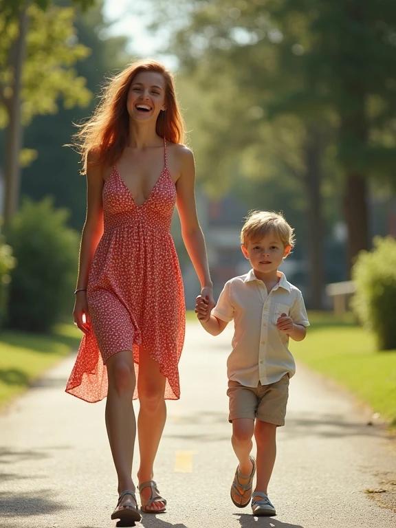 Mother walks with son home from school in a park. She wears a bright sundress. They appear happy and connected. Sunlight filters through trees creating a warm glow.