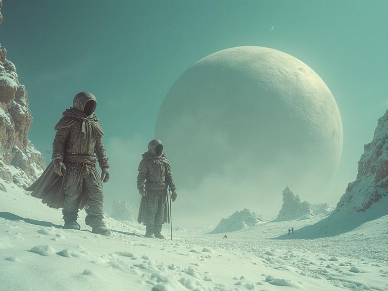 Surreal magical dystopia landscape featuring strange figures on a snow-covered planet with a large moon in the background. Vintage and grainy photographic style enhances the otherworldly feel.