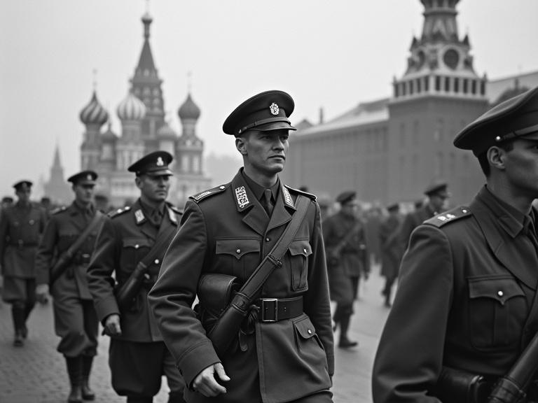 Photorealistic image of soldiers from the 1950s marching in Moscow. Soldiers wear military uniforms and march with discipline. Background includes iconic Moscow architecture.