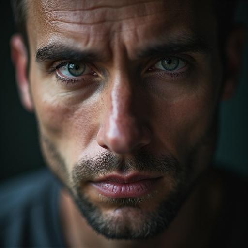 A closeup shot depicts a man struggling with drug abuse. Features intense eyes and a somber expression. The background is dark, emphasizing his facial features. Hair is unkempt and skin shows signs of distress. The image conveys deep emotion.