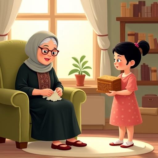 A cozy scene featuring a grandmother crocheting in a sunlit room. An excited young girl presents a special wooden box. Room filled with bookshelves and charm. Soft colors and textures inspire warmth.