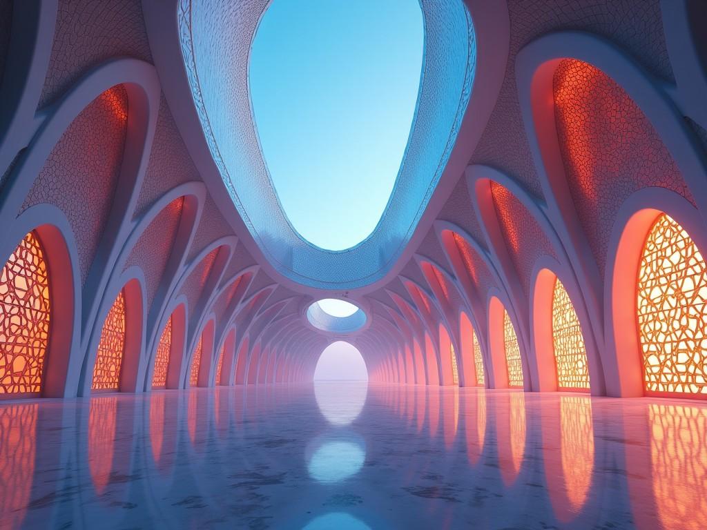 A digital artwork of a futuristic space with a grand corridor, featuring arched structures and intricate lattices, with a cool blue sky above.