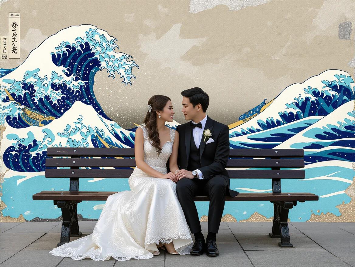 A couple sits on a bench in London. A backdrop features Hokusai's Great Wave. The scene includes watercolor textures and mixed media elements. The couple appears dressed elegantly. The composition showcases a harmonious blend of colors.