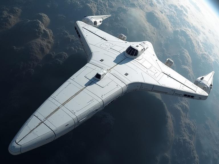 A huge white sci-fi space station with a smooth textured hull. The design resembles a wide, long letter T. It floats in space above a planet's atmosphere. The image features realistic details, shadows, textures, and soft reflections.