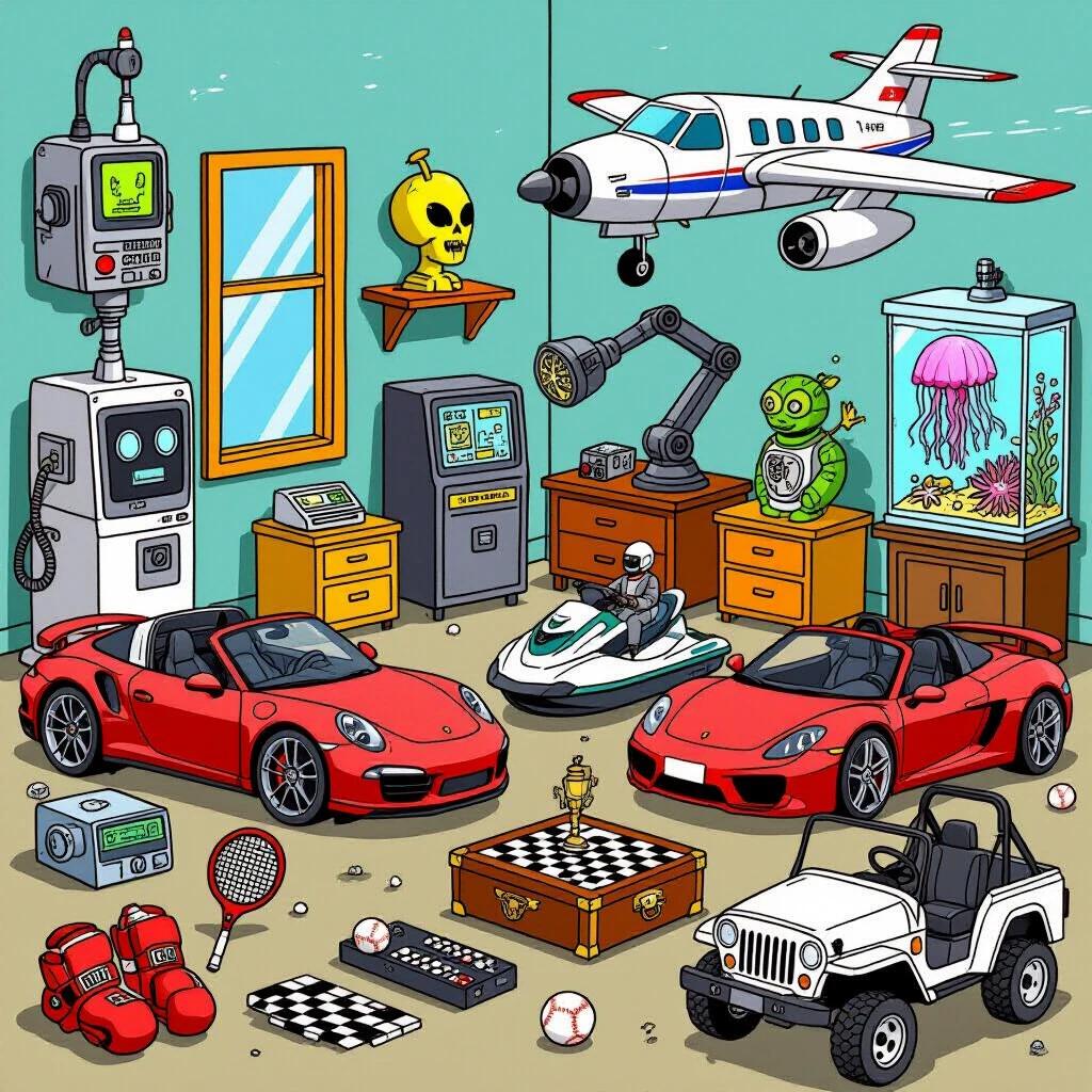 An animated cozy room with various objects. Displays a neuralyzer device, alien spacecraft, Porsche 911, bone density scanner, red Mustang GT, jet ski, boxing gloves, surveillance camera, robot arm, jellyfish tank, Deadshot's mask, magic wand, sniper rifle, tennis racket, diamond necklace, breathing suit, mechanical spider, coral reef car, magic lamp, spy gadget briefcase, domino setup, golf club, cow-patterned Jeep, white horse, and football helmet. 25 unique objects total.