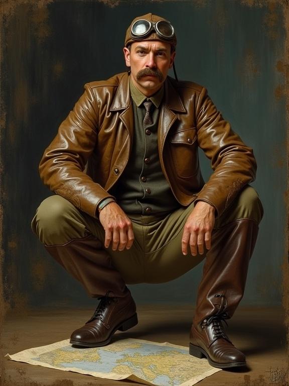 Painting of a WW1 pilot with a mustache. Dressed in a leather jacket. Wearing aviator goggles. Posing with one knee raised. Arm resting on the knee. Holding a map. Dark textured background.