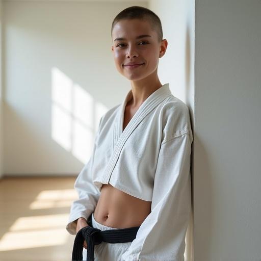 Young woman stands in a bright modern dojo. She has short hairstyle and pale skin. Leaning on the wall in a casual pose. Worn out karate gi reveals abs. Showing a slight smile. Front view with natural light. Photo-realistic style and high detail.