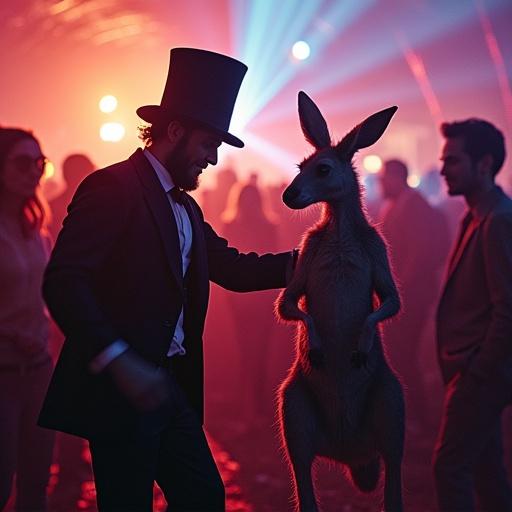 Candid photograph depicting Abraham Lincoln in altered three-piece suit with neon accents. Dancing at a rave with a kangaroo. Grainy yet colorful image taken in 1865. Crowd watching them in a circle.