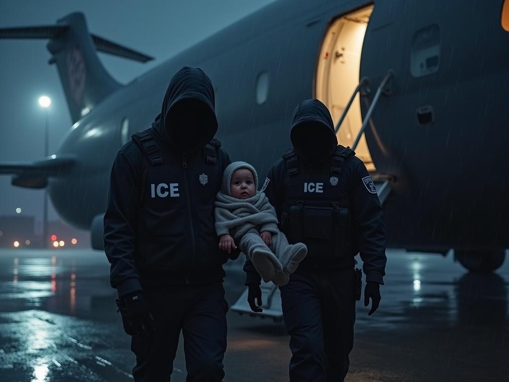 Illustration shows two hooded agents in tactical gear carrying a small baby up airplane stairs. Agents wear dark uniforms marked 'ICE' and cover their faces. Baby is bundled in a light blanket. Aircraft is a large military jet with an open hatch, lit by floodlights. Tarmac is wet and reflective. The mood is tense and mysterious.