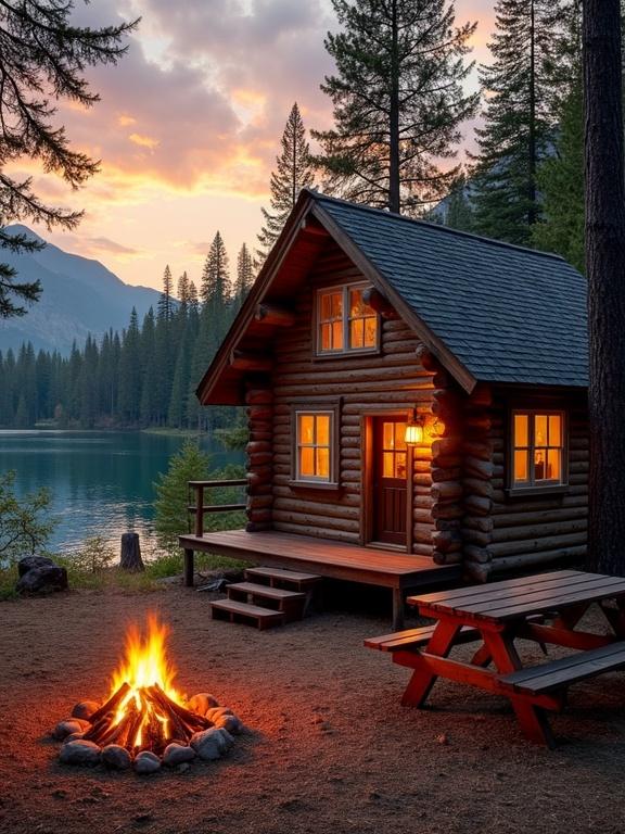 Image features a lakeside cabin at sunset. Cabin made of logs with a rustic appearance. Steeply pitched roof with dark shingles. Rectangular shape with porch. Windows glowing with warm yellow light. Campfire in front with orange and yellow flames. Wooden picnic table nearby. Tall trees surrounding cabin. Calm lake reflecting sunset colors. Overall serene and inviting atmosphere.