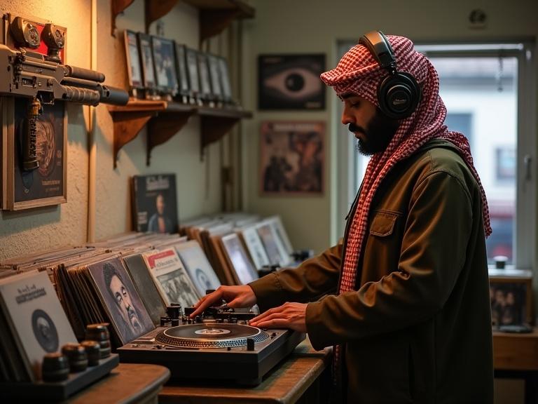 Saudi individual playing vinyl records on DJ turntables inside a record store. Wearing DJ headphones. RPG launcher displayed on the wall. Collections of vinyl records in display. Enjoying listening to music.