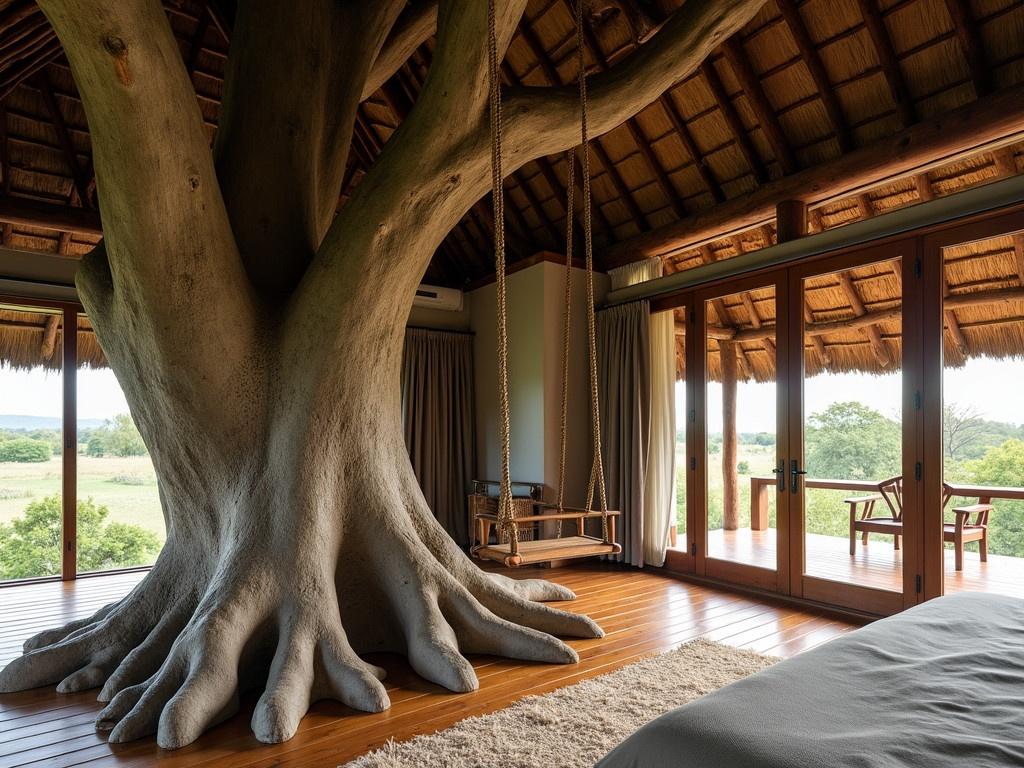 A large tree trunk is integrated inside a cozy room, creating an ecological theme. A swing hangs from one of its sturdy branches, inviting relaxation and a sense of connection with nature. This unique interior is part of a luxury safari hotel located in Tanzania, specifically in the Ngorongoro Crater area. The design emphasizes an ecological concept by building the house around the existing tree, rather than cutting it down. This reflects a commitment to preserving nature and promoting ecological thinking in architecture.