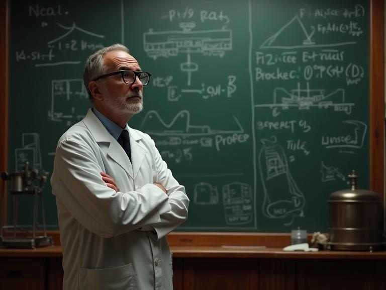 Confused scientist standing in front of complex blackboard filled with equations and naval schematics. Retro lab setting with dim warm lighting. Thoughtful expression. Historical realism portrayed.