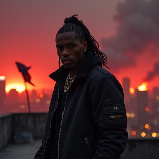 Realistic male popstar. Dark brown skin. Dreadlocks tied back. Black leather bomber jacket. Standing on an abandoned rooftop. City skyline glowing red. Distant fires and smoke. Tattered flag in the wind. Intense expression. Cinematic lighting. Urban warzone atmosphere. Grime and hip-hop aesthetic.
