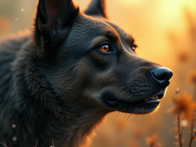 A close-up profile of a dog with a textured coat and mesmerizing warm colors. The dog gazes into the distance with a captivating expression. Breathtaking sharpness and a slightly surreal quality. The background features soft golden tones suggesting a sunset setting.