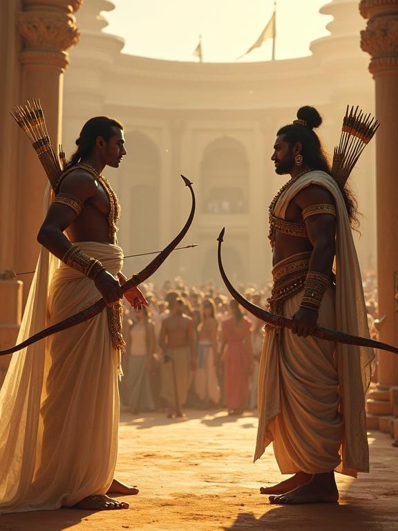 Two archers face off in an Indian mythological arena. Arjuna wears royal white and gold attire; stands calm and respected. Opposite stands Karna in dark armor, with divine earrings, bold stance. Both ready for duel. Crowd watches silently. Mood tense and electric. Traditional Indian setting, divine art style, detailed, golden hour lighting.