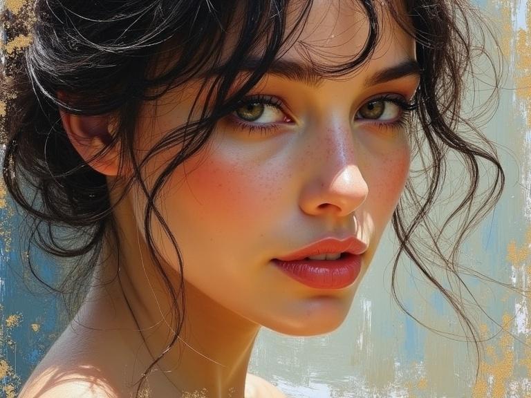 Impressionist painting style. Close-up portrait of a woman with soft features. Textured brushstrokes give an artistic feel. Natural lighting highlights her beauty.