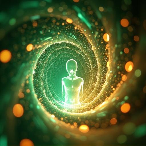 A glowing human figure spirals downward into a vortex of green and orange light. Biomechanical style with kaleidoscopic and experimental elements. Fine details create a dynamic appearance in character design.