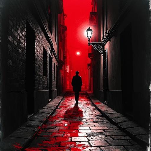 Silhouette figures in dark alleyway. Shadows gather under lamplight. Dramatic red brushstroke fills framework.