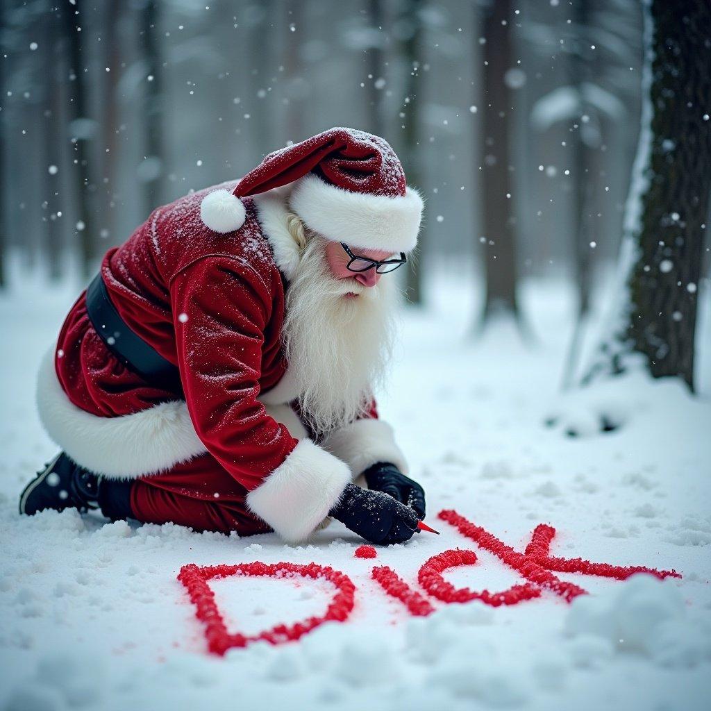 Santa kneeling in snowy forest. He writes the name Dick in snow using red marker. Snowflakes fall gently creating magical atmosphere. Scene captures Christmas essence with personalized touch. Long white beard and glasses add classic appeal.