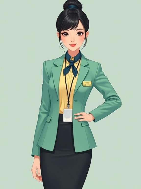 Concept of female airport ground staff in uniform. She wears pastel-yellow long-sleeve blouse and mint-green blazer. Black pencil skirt completes her outfit. She has bunned black hair and light makeup with red lips. A name tag is on her blazer, with an ID badge on a black lanyard. A dark-blue scarf is tied at her neck.