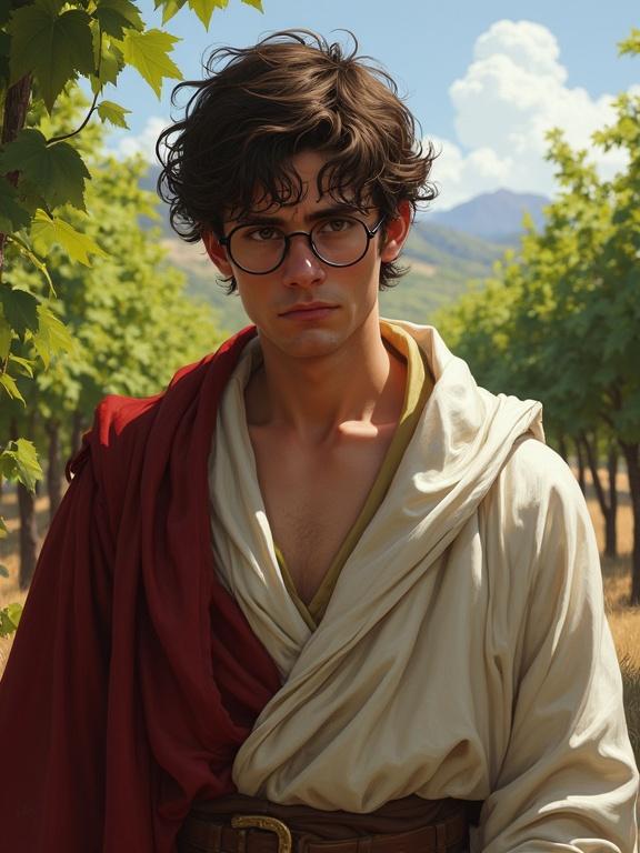 A young timid man in his early 20s wears round glasses and robes. He appears worried and pensive, looking at the viewer. The background features outdoor vines typical of a vineyard. The artwork is a digital painting influenced by the styles of Grzegorz Domaradzki, characterized as semirealistic and fantasy.