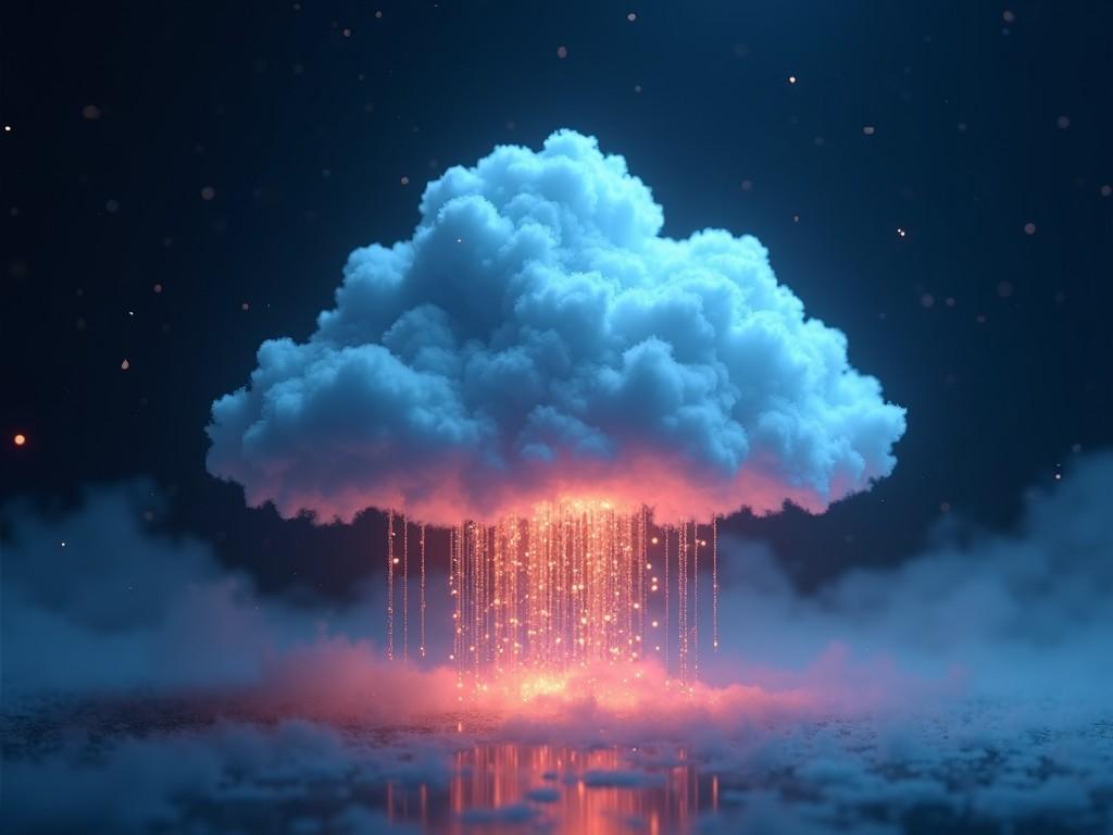 The image features a large, luminous cloud hovering above the ground, emitting rays of light that resemble rain. The cloud is fluffy and white, surrounded by a dark blue atmosphere that enhances its glowing effect. The colors blend from blue at the top to pink and purple near the bottom. The light rays falling from the cloud create a magical and surreal scene. The overall mood is dreamy and otherworldly, making it visually captivating.