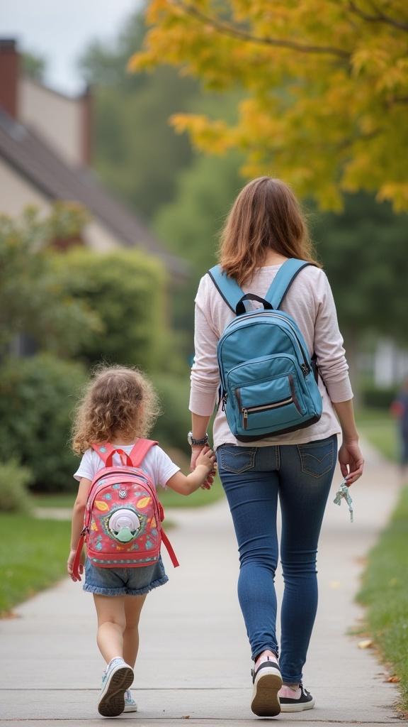 A mother walks with a daughter along a sidewalk. Child holds mother's hand. Both have backpacks. They are heading to school. The child has a large pacifier. Both are cheerful.