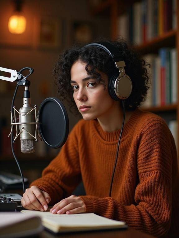 Realistic portrait of a woman in a cozy rust-colored sweater. She has short dark curly hair and is wearing large over-ear headphones. Seated in front of a vintage microphone with blurred bookshelves behind her. One hand adjusts a mixer. Warm ambient lighting. Calm and perceptive vibe.