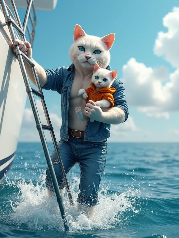 3D rendering of a muscular humanoid white cat climbing a metallic ladder from a yacht. Cat holds a small white kitten wearing an orange hoodie, both wet. Ocean water with splashes around. Bright sunlight and blue sky with clouds.