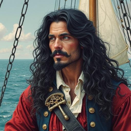 Draw a male pirate who looks cadaverous with eyes blue like the forget-me-not. Long dark curls resemble black candles. Thick bushy eyebrows and moustache. Missing right hand replaced with silver metal hook. Handsome countenance in attire of Charles II. Aboard an 1800s pirate ship.