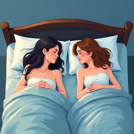 Illustration of two women peacefully sleeping in a bed. They are lying under covers with no nightwear, only wearing bras. Focus on gentle curves and a serene atmosphere. Soft lighting enhances the calming mood.