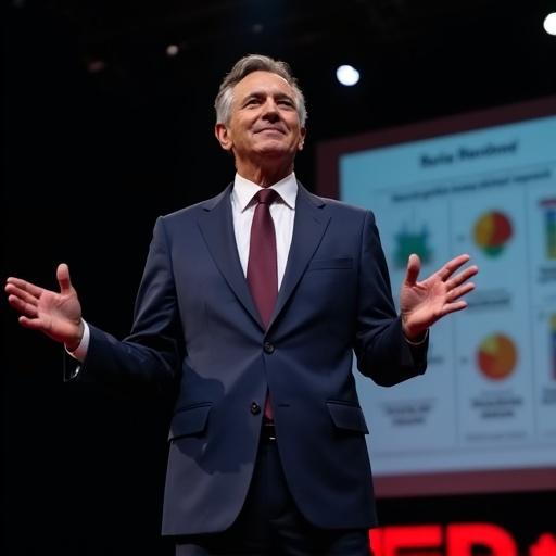 Wide shot of a dynamic psychology professor on a TED-style stage. He gestures with extended arms in a power position. Wears a midnight blue suit. Dark stage with spotlighting shadows behind him. His expression shows passion and control with intense eye contact and a firm smile. A blurred psychology infographic is visible behind him.