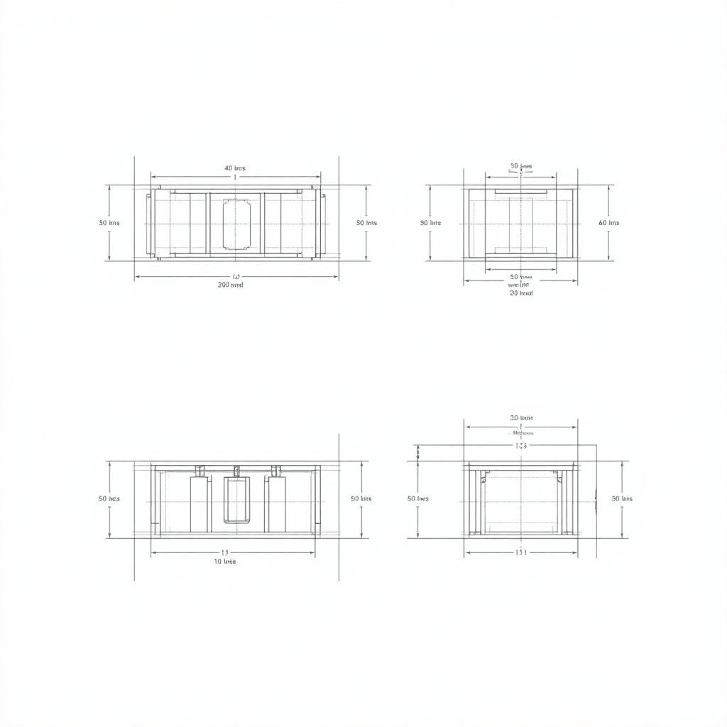 3D model converted into a sectional drawing. Varied line weights used to show depth. Thicker lines denote closer objects. With precise line work, details highlighted on tables and cylindrical sections. Walls and structural elements defined with hatch patterns. Clear separation between different planes enhances depth and spatial arrangement. Drawing shows rectangular section with notches, front view height of 30 units and width of 50 units, notches on each side. Top view width of 50 units, depth with notches. Side view height of 30 units and depth of 50 units, notches as protrusions. Suitable for engineering and architectural contexts.