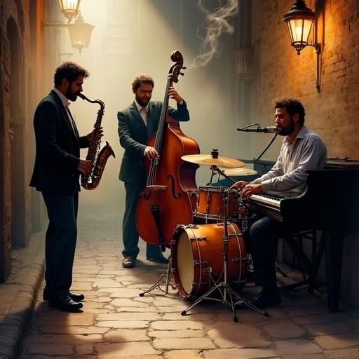 A jazz band performs live in a dimly lit alley. The musicians are a soulful saxophonist, a double bass player, a pianist, and a drummer. Warm and moody lighting enhances the glossy instruments. Smoke curls in the air, creating a nostalgic atmosphere. Encaustic watercolor style with rich textures. Emotion on the musicians' faces captures the passion of jazz.