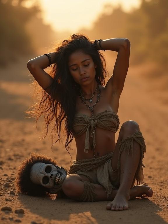 Postapocalyptic dystopian scene with a realistic portrayal of a young woman sitting on a dusty road. She has long messy hair and wears tattered clothing. Beside her is a friendly looking zombie, emphasizing companionship. The scene is set in warm, cinematic lighting with dust and smoke in the background.
