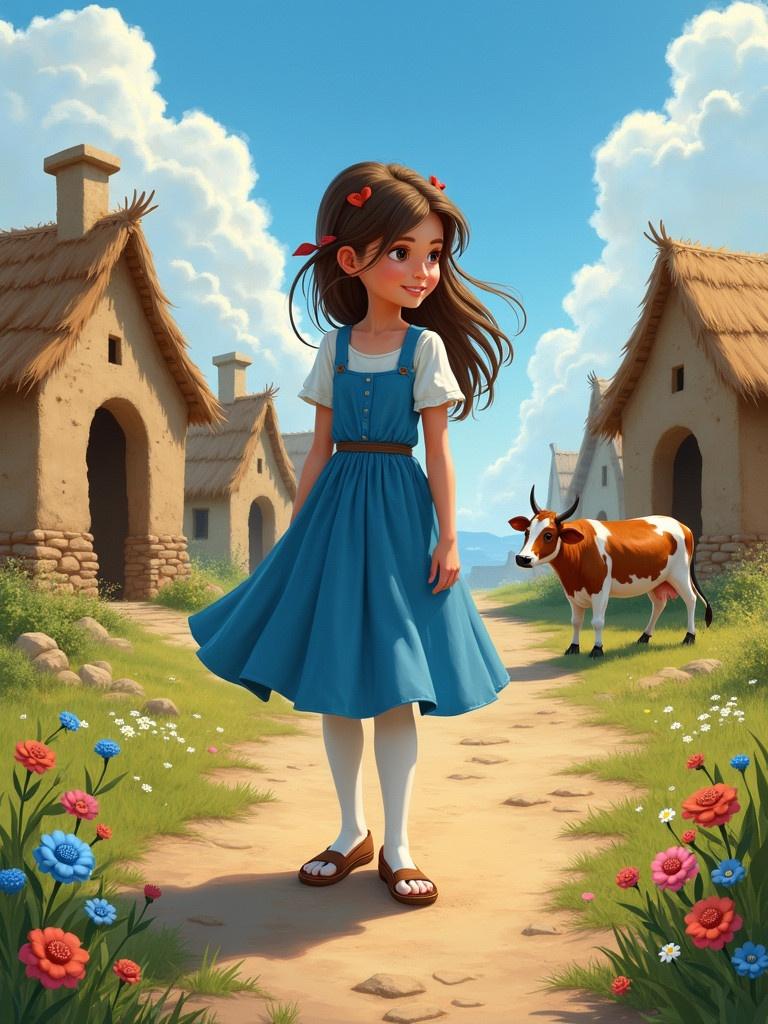 Charming girl stands in a rural village. She wears an elegant blue dress with white leggings. Background contains mud houses and grazing cows under a blue sky. Landscape features a dirt path and vibrant flowers. Deep rich colors evoke a fantasy concept art style.