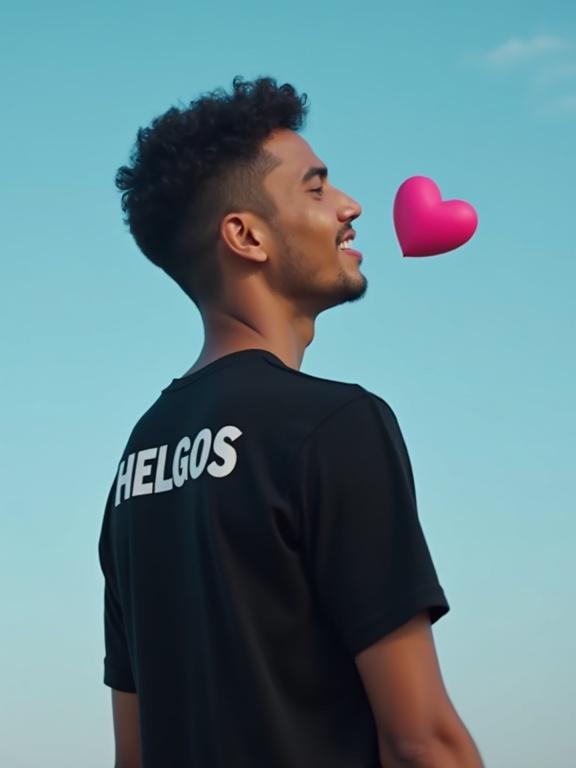 A man turns over his shoulder with a playful smile. He wears a black shirt with 'HELGOS' on the back. He sends a kiss with one hand. A pink heart flies forward from his mouth. The background is a clear sky blue, captured in a cinematic style with shallow depth of field.