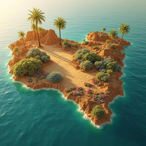 Highly detailed styled 3D map of Libya from elevated angle. Distinct shape of Libya with coastline at Mediterranean Sea. Subtle markers for archaeological sites like Sabratha and Leptis Magna. Sahara Desert with undulating terrain and warm earthy tones. Bright wildflowers and palm groves appear among dunes. Soft glow around terrain, casting luminous light. Environment symbolizes life amid desert; cinematic and slightly fantastical style.