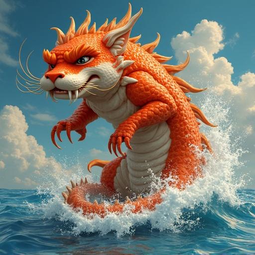 A ferocious orange dragon rises from the ocean waves. Scales glisten in the sunlight. Water splashes dramatically around the creature. It has large claws and impressive whiskers. The sky is blue with fluffy clouds. A scene of mythical intensity and beauty.