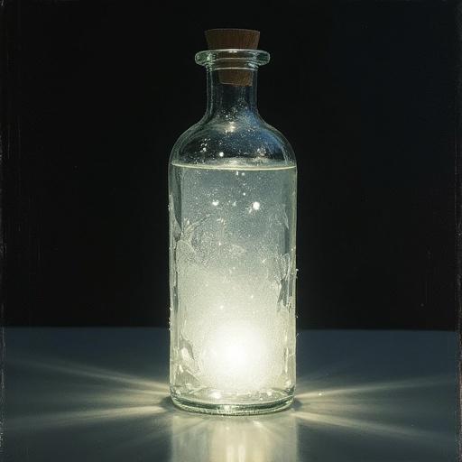 Crystal bottle filled with white light. Simple background. Artistic composition. Clear glass with a cork stopper.