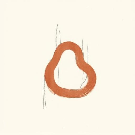 Minimalist design with an abstract hand-drawn organic shape. Shape resembles an eternal knot in warm terracotta color. Three thin black lines integrated randomly into design. White background outside shape. Text and shape are main visible parts. Subtle paper texture inside shape. Outline follows shape.