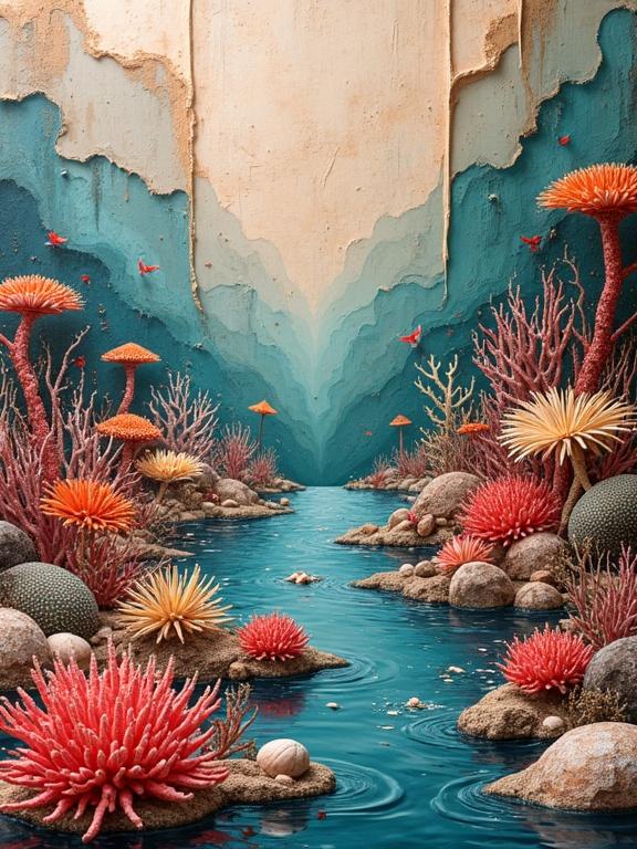 Highly detailed 3D artwork of a coral reef zen garden featuring a river. Elements include colorful sea shells, anemones, algae, and coral structures. A mix of textures and vibrant colors. Evocative and tranquil scene with a surreal perspective.