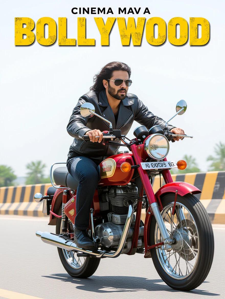 Man rides motorcycle in sunglasses. Sunny day with clear road. Bollywood themed poster. Action movie style.
